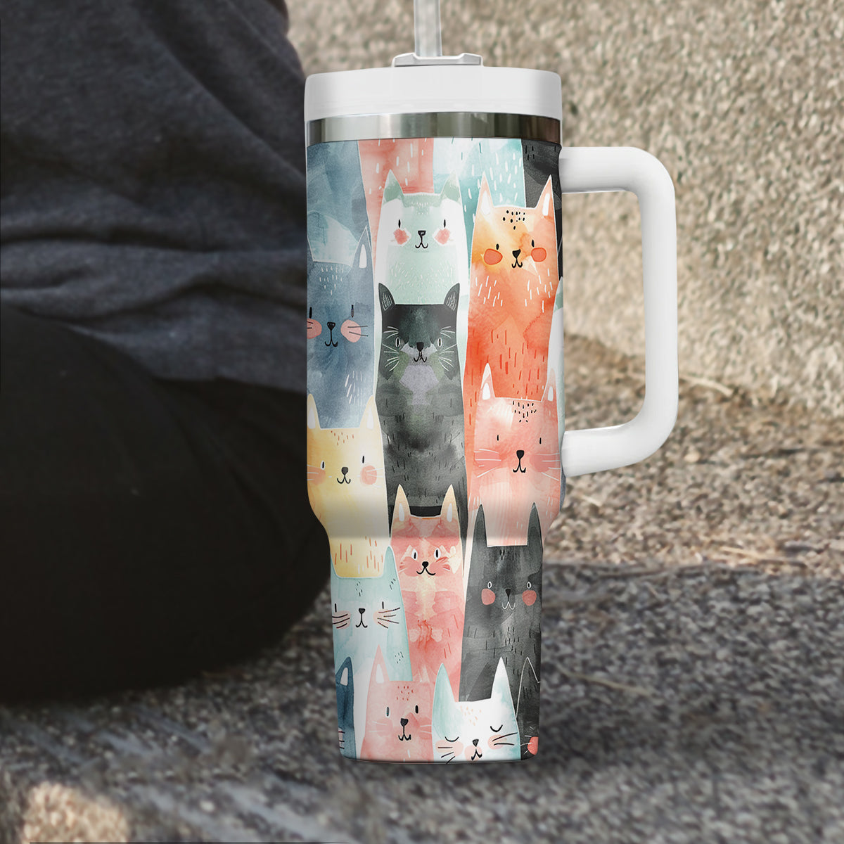 Cute Cat Tumbler 40oz With Handle, Cat Pattern 40oz Tumbler, Cat Lover Tumbler 40oz, Stainless Steel Tumbler, Insulated Tumbler 19