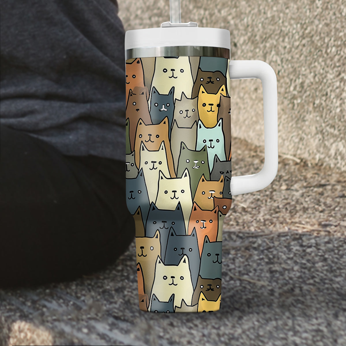 Cute Cat Tumbler 40oz With Handle, Cat Pattern 40oz Tumbler, Cat Lover Tumbler 40oz, Stainless Steel Tumbler, Insulated Tumbler 20