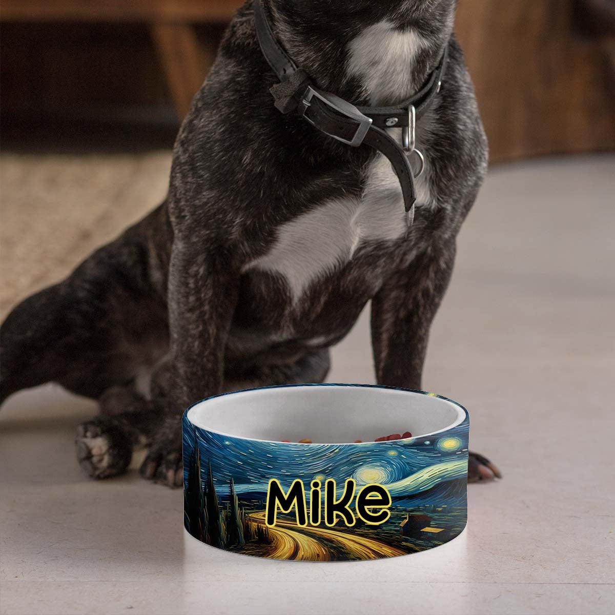 Personalized Dog Pet Cat Bowls, Starry Night Vincent Van Gogh Custom Pet Bowls for Dogs and Cats, Eclectic Modern Spotted Dishes With Name, Ceramic Custom Cute Dog Bowls, Designer Large and Small Dog Cat Pet Bowls Dish, Gift for Pet