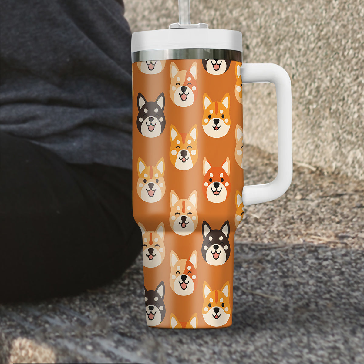 Cute Shiba Tumbler 40oz With Handle, Shiba Pattern 40oz Tumbler, Dog Paw Photo Tumbler with Straw, Dog Lover Tumbler, Stainless Steel Tumbler, Insulated Tumbler 02