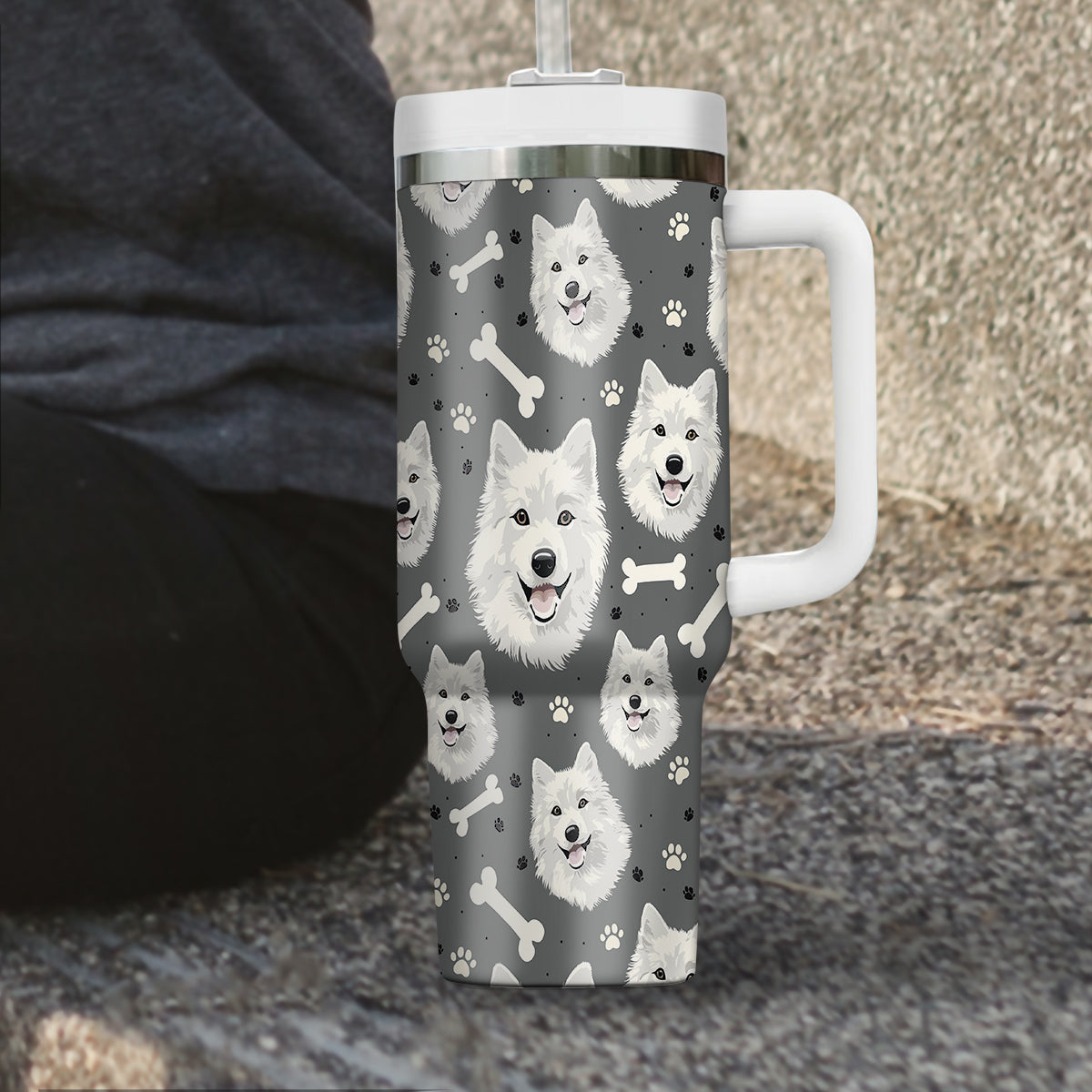 Cute Samoyed Tumbler 40oz With Handle, Samoyed Pattern 40oz Tumbler, Dog Paw Photo Tumbler with Straw, Dog Lover Tumbler, Stainless Steel Tumbler, Insulated Tumbler 02