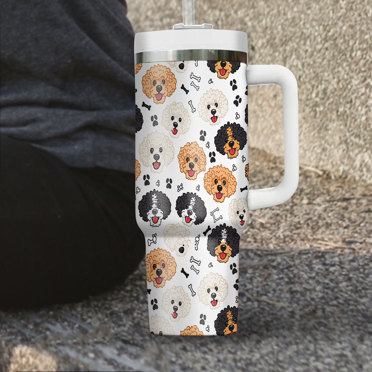 Cute Poodle Tumbler 40oz With Handle, Poodle Pattern 40oz Tumbler, Dog Paw Photo Tumbler with Straw, Dog Lover Tumbler, Stainless Steel Tumbler, Insulated Tumbler 02