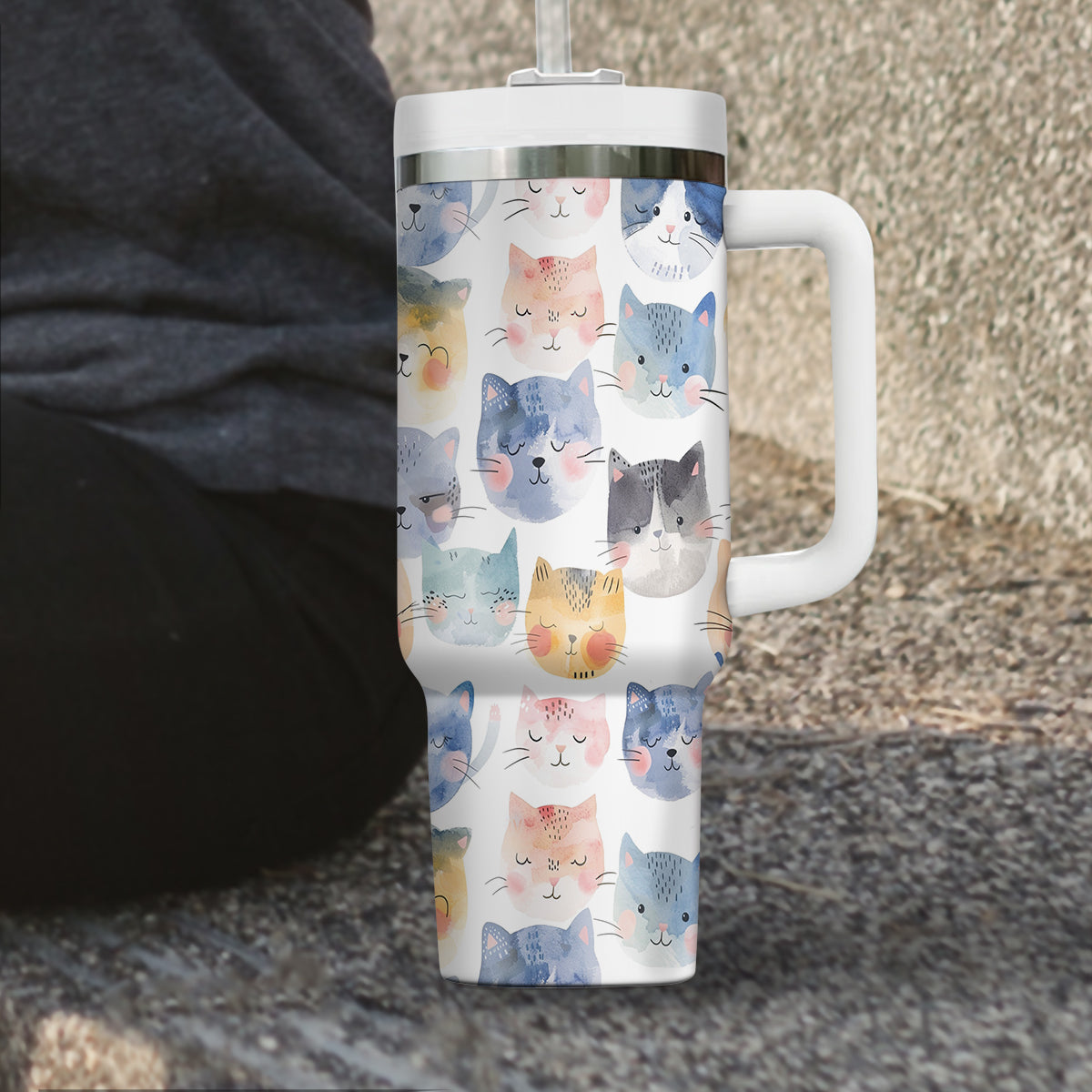 Cute Cat Tumbler 40oz With Handle, Cat Pattern 40oz Tumbler, Cat Lover Tumbler 40oz, Stainless Steel Tumbler, Insulated Tumbler 18