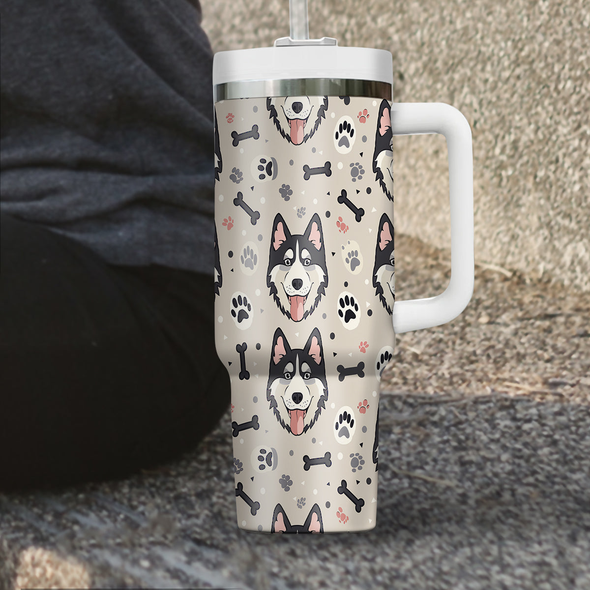 Cute Siberian Husky Tumbler 40oz With Handle, Siberian Husky Pattern 40oz Tumbler, Dog Paw Photo Tumbler with Straw, Dog Lover Tumbler, Stainless Steel Tumbler, Insulated Tumbler 02