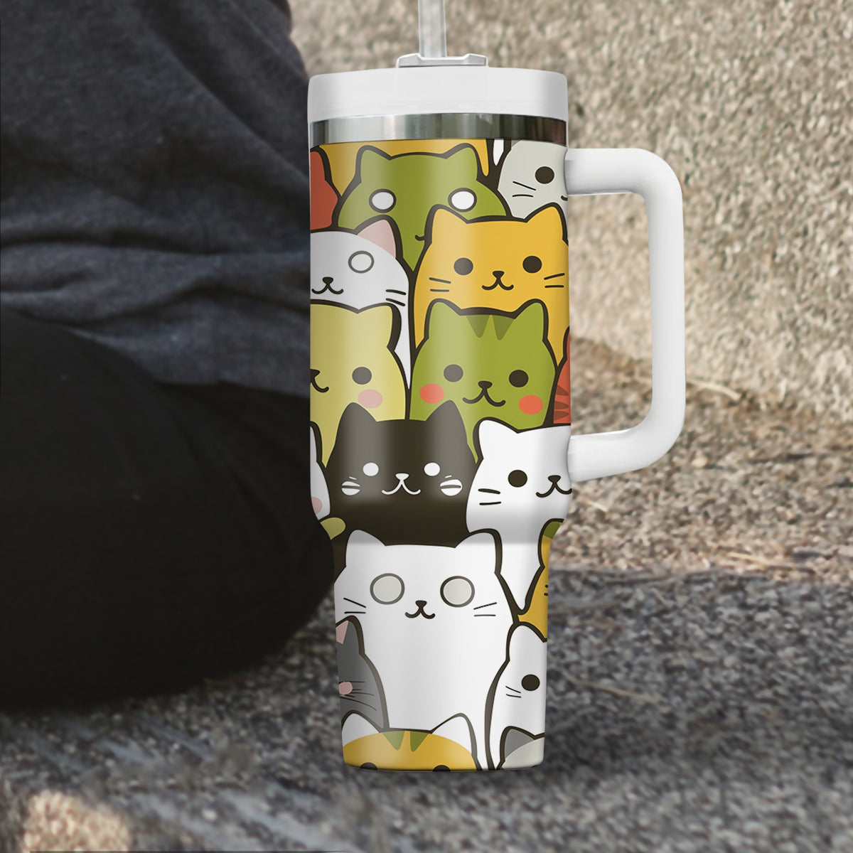 Cute Cat Tumbler 40oz With Handle, Cat Pattern 40oz Tumbler, Cat Lover Tumbler 40oz, Stainless Steel Tumbler, Insulated Tumbler 25