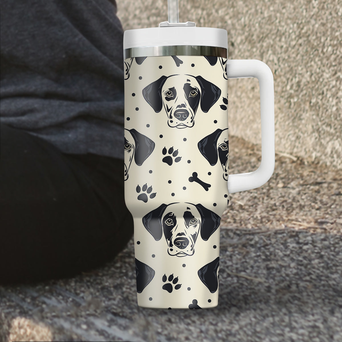 Cute Dalmatian Tumbler 40oz With Handle, Dalmatian Pattern 40oz Tumbler, Dog Paw Photo Tumbler with Straw, Dog Lover Tumbler, Stainless Steel Tumbler, Insulated Tumbler