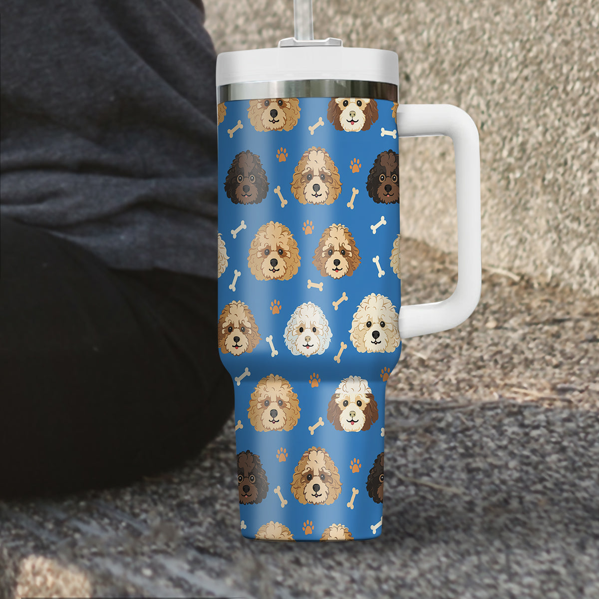 Cute Poodle Tumbler 40oz With Handle, Poodle Pattern 40oz Tumbler, Dog Paw Photo Tumbler with Straw, Dog Lover Tumbler, Stainless Steel Tumbler, Insulated Tumbler 01