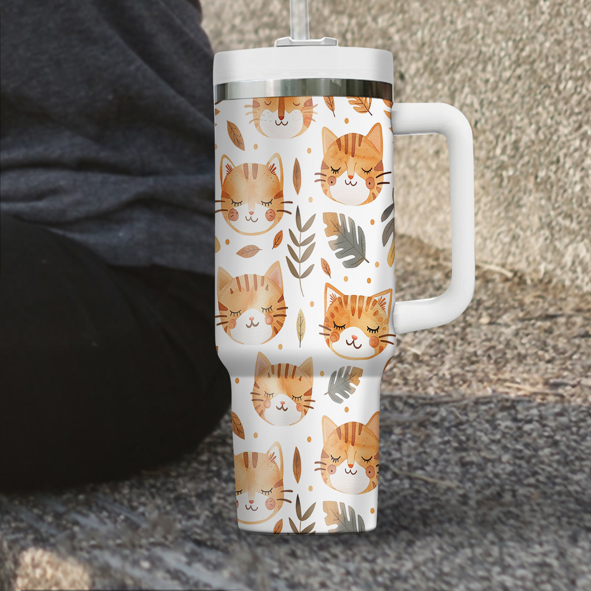 Cute Cat Tumbler 40oz With Handle, Cat Pattern 40oz Tumbler, Cat Lover Tumbler 40oz, Stainless Steel Tumbler, Insulated Tumbler 16