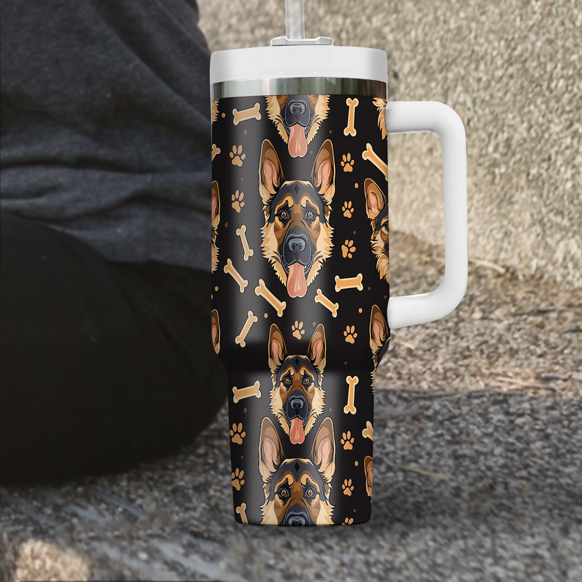 Cute German Shepherd Tumbler 40oz With Handle, German Shepherd Pattern 40oz Tumbler, Dog Paw Photo Tumbler with Straw, Dog Lover Tumbler, Stainless Steel Tumbler, Insulated Tumbler