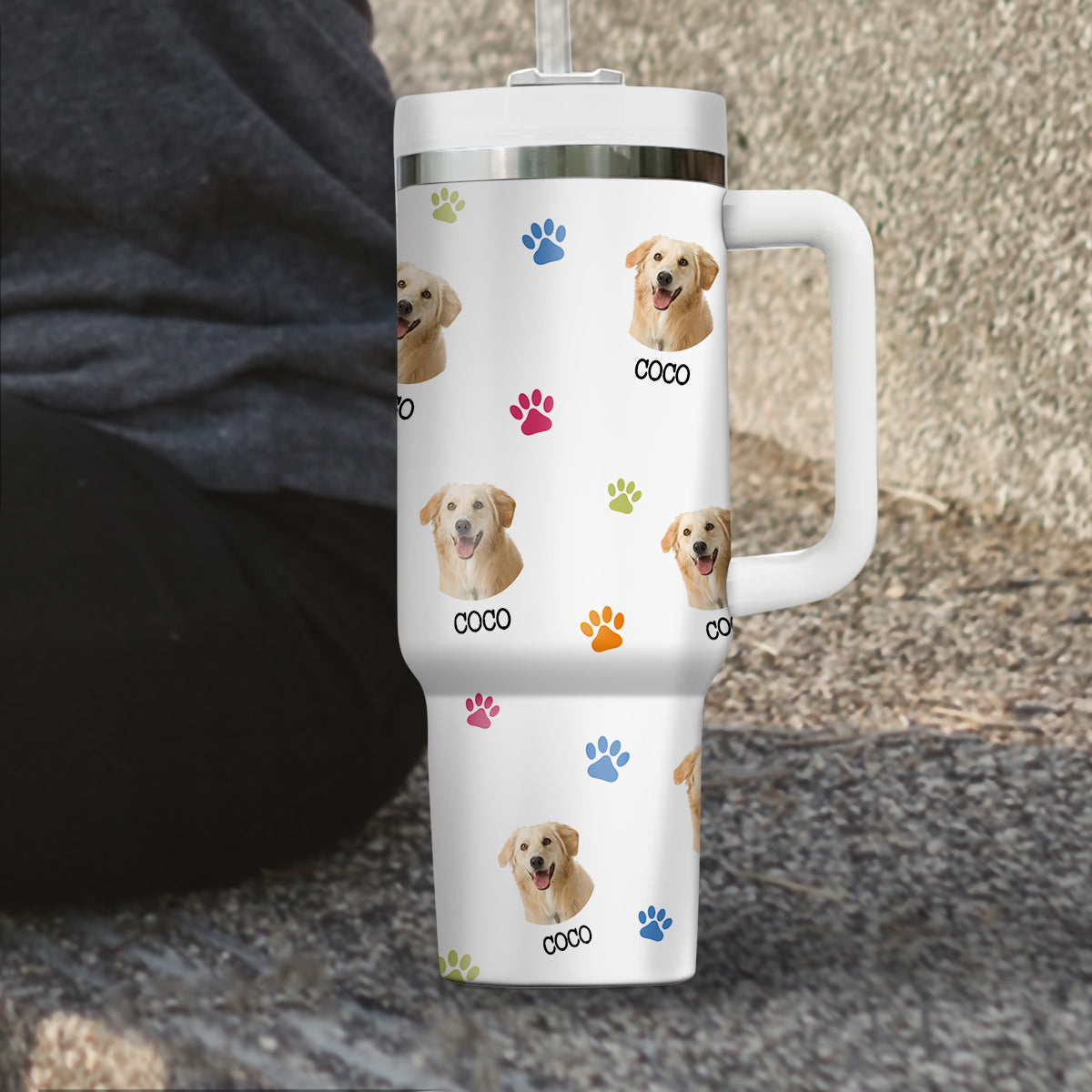 Custom Pet Photo Tumbler 40oz With Handle, Just A Girl Who Loves Dogs: Personalized Cute Dog Gifts for Dog Mom, Pets, Paw Prints , Puppies Tumbler with Straw, Dog Lover Tumbler, Favorite Pet Tumbler, Stainless Steel Tumbler, Insulated Tumbler 09