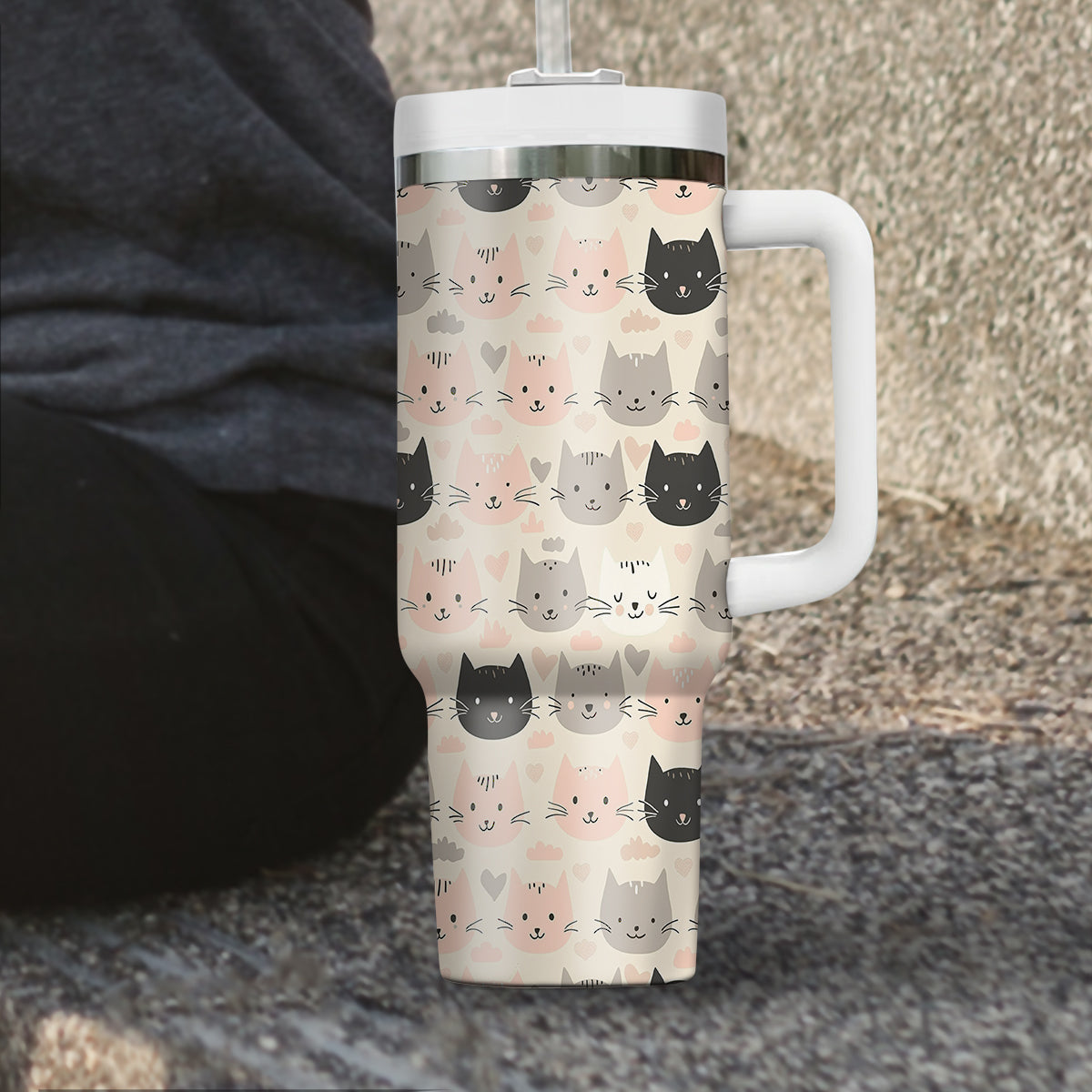 Cute Cat Tumbler 40oz With Handle, Cat Pattern 40oz Tumbler, Cat Lover Tumbler 40oz, Stainless Steel Tumbler, Insulated Tumbler 11