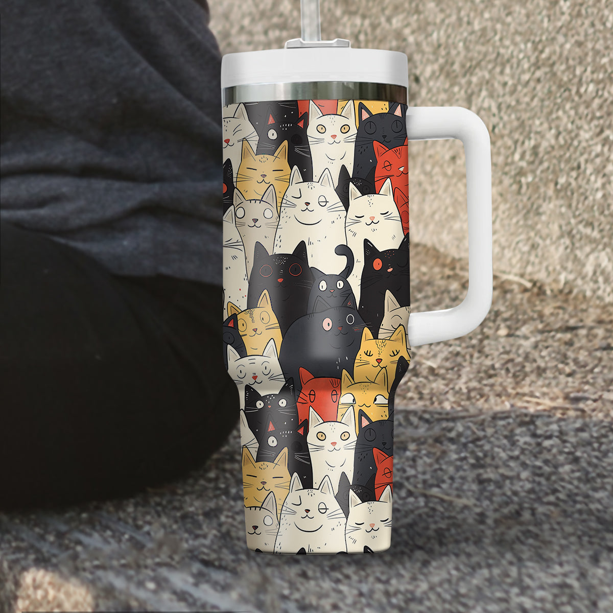 Cute Cat Tumbler 40oz With Handle, Cat Pattern 40oz Tumbler, Cat Lover Tumbler 40oz, Stainless Steel Tumbler, Insulated Tumbler 21