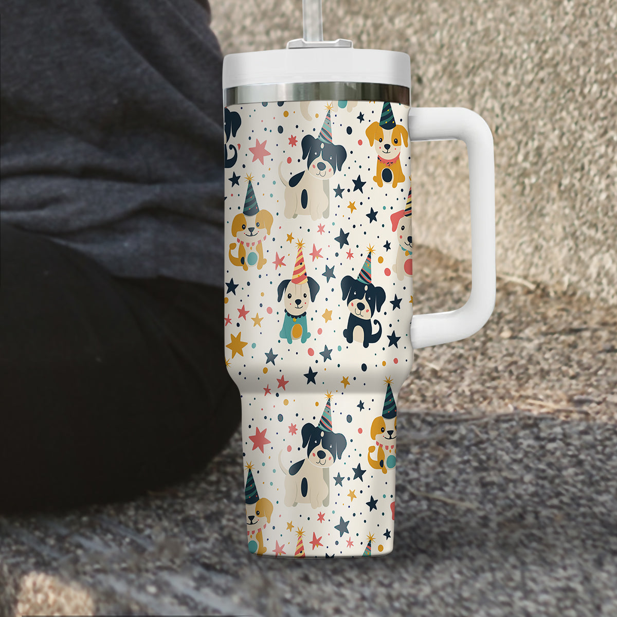 Cute Dog Tumbler 40oz With Handle, Dog Face Pattern 40oz Tumbler, Puppies Tumbler with Straw, Dog Lover Tumbler, Stainless Steel Tumbler, Insulated Tumbler 02