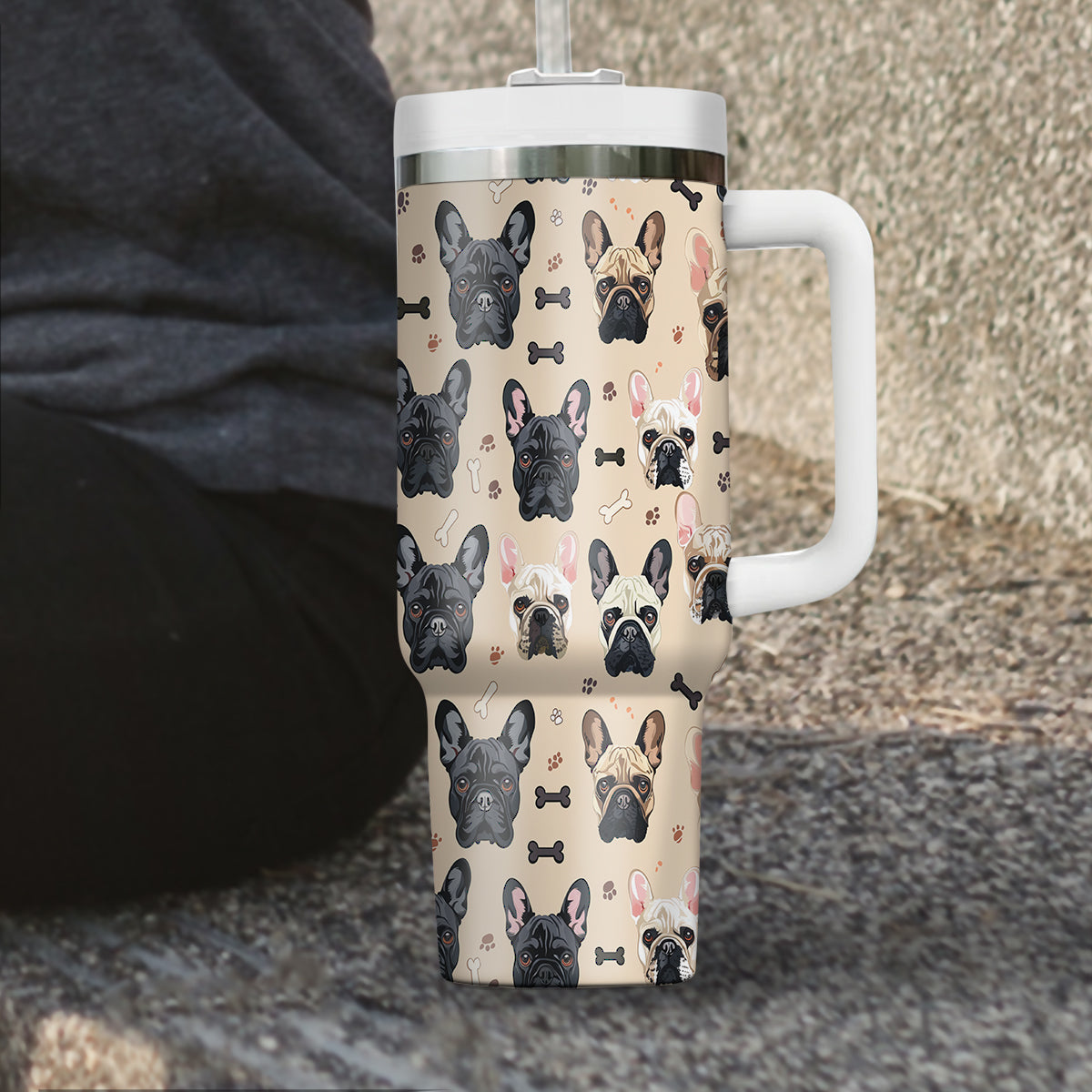 Cute French Bulldog Tumbler 40oz With Handle, French Bulldog Pattern 40oz Tumbler, Dog Paw Photo Tumbler with Straw, Dog Lover Tumbler, Stainless Steel Tumbler, Insulated Tumbler 01