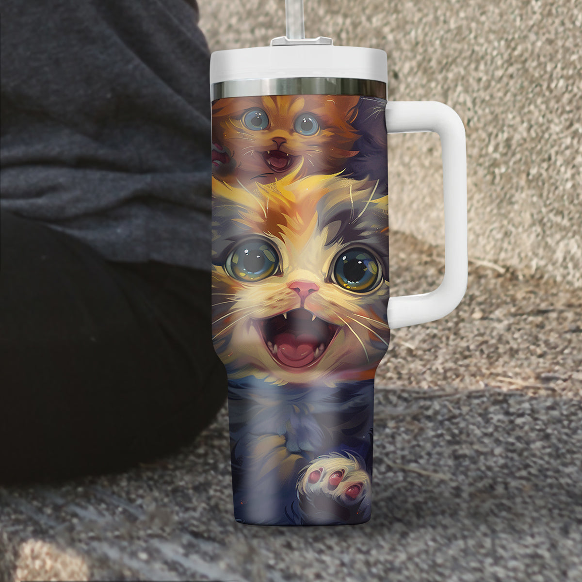 Cute Cat Tumbler 40oz With Handle, Cat Pattern 40oz Tumbler, Cat Lover Tumbler 40oz, Stainless Steel Tumbler, Insulated Tumbler 22