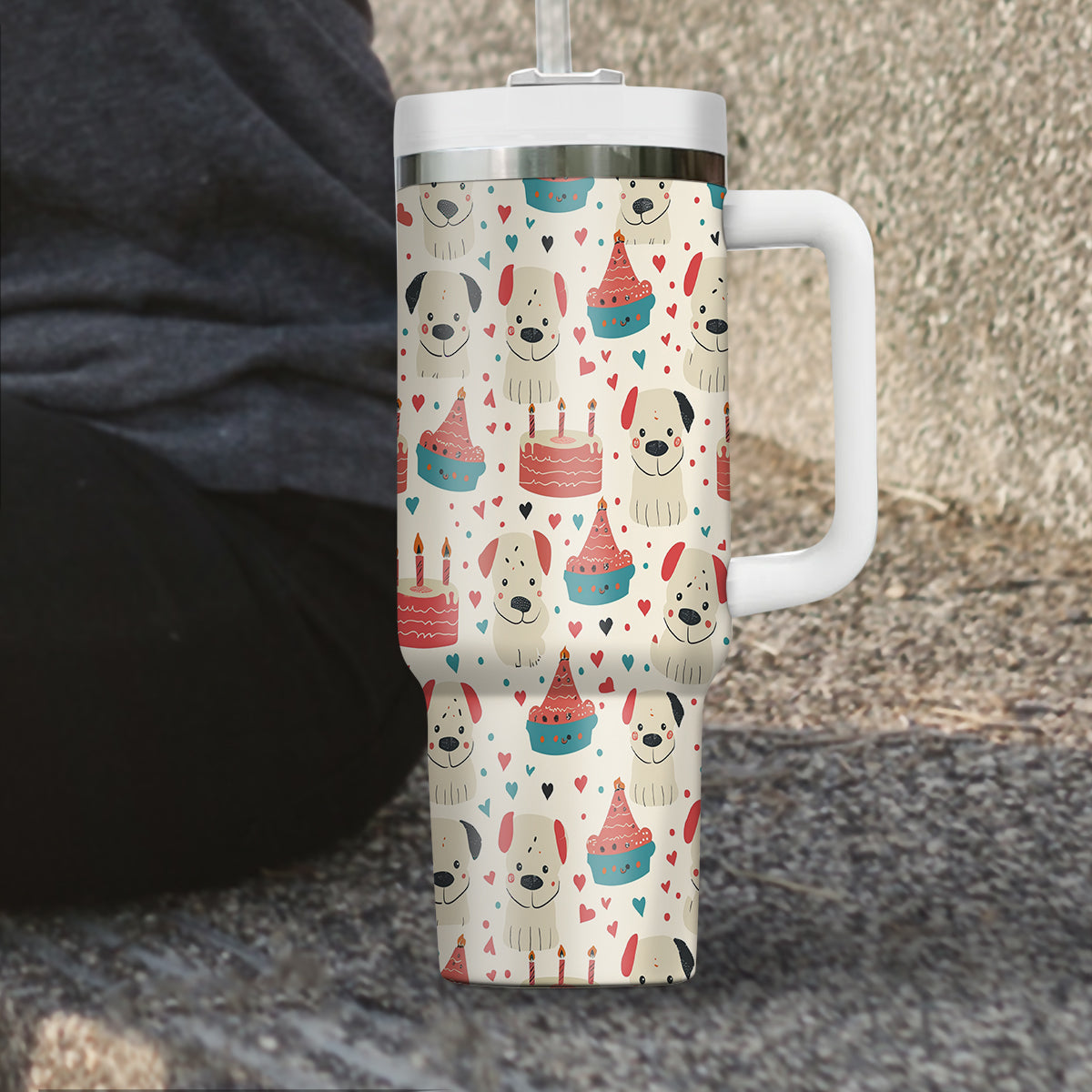 Cute Dog Tumbler 40oz With Handle, Dog Face Pattern 40oz Tumbler, Puppies Tumbler with Straw, Dog Lover Tumbler, Stainless Steel Tumbler, Insulated Tumbler 04