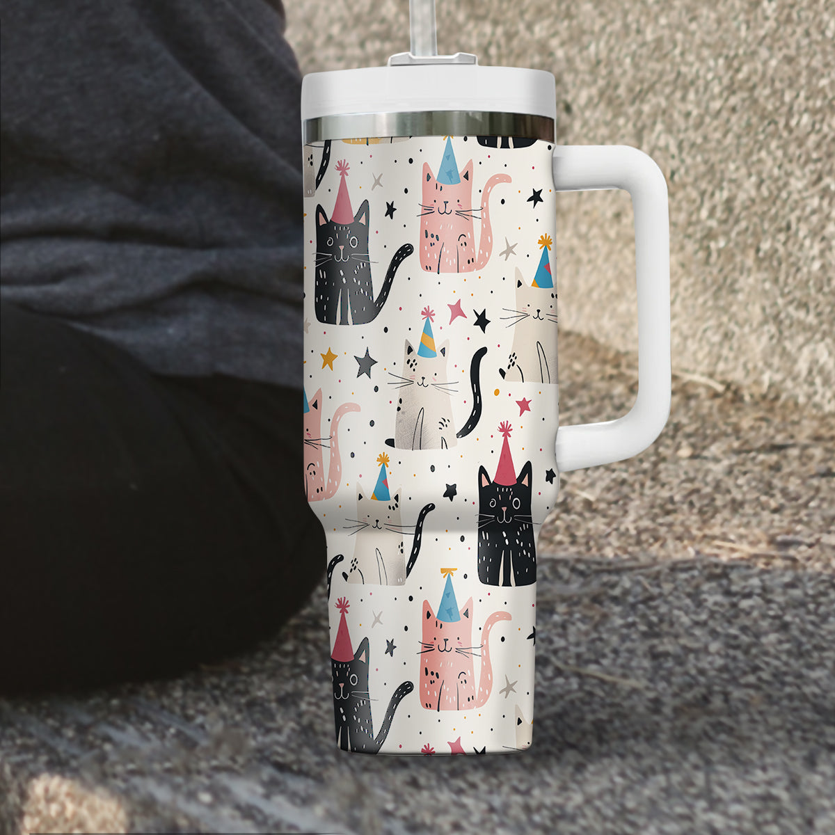 Cute Cat Tumbler 40oz With Handle, Cat Pattern 40oz Tumbler, Cat Lover Tumbler 40oz, Stainless Steel Tumbler, Insulated Tumbler 13