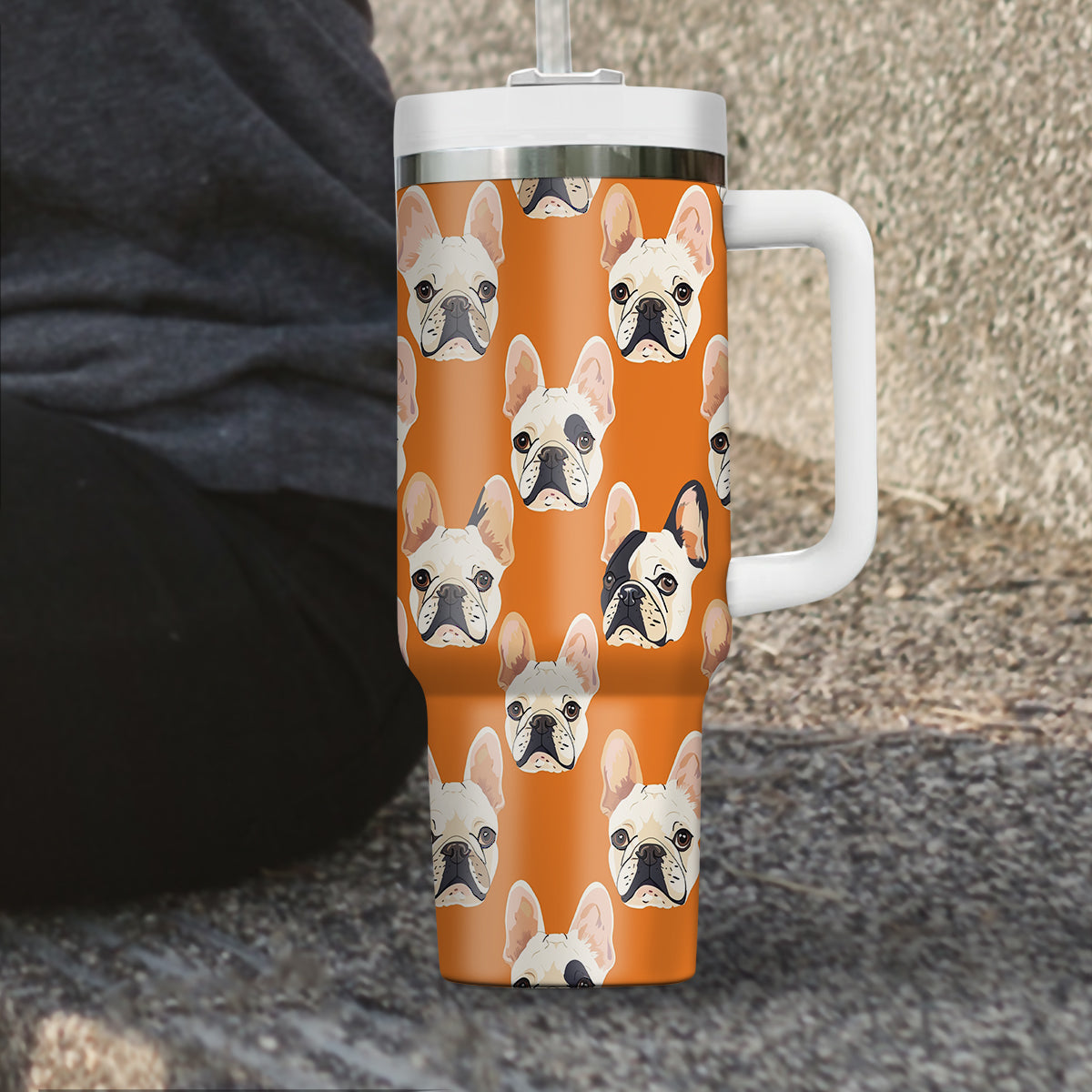 Cute French Bulldog Tumbler 40oz With Handle, French Bulldog Pattern 40oz Tumbler, Dog Paw Photo Tumbler with Straw, Dog Lover Tumbler, Stainless Steel Tumbler, Insulated Tumbler 03