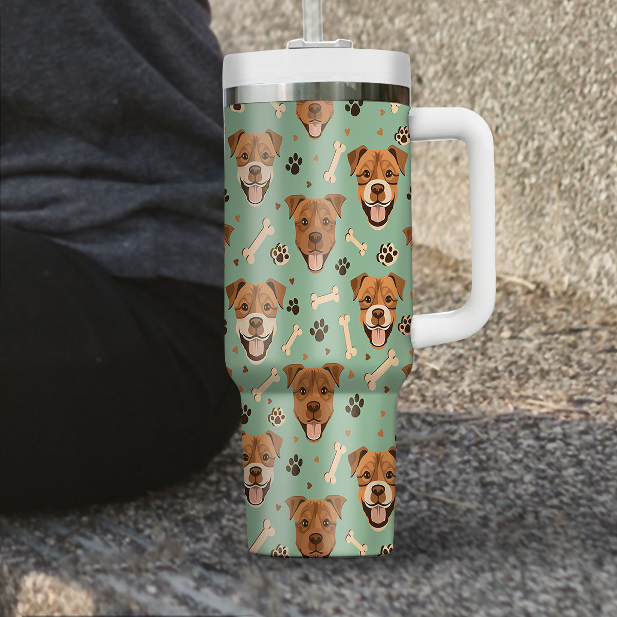 Cute Pitbull Tumbler 40oz With Handle, Pitbull Pattern 40oz Tumbler, Dog Paw Photo Tumbler with Straw, Dog Lover Tumbler, Stainless Steel Tumbler, Insulated Tumbler