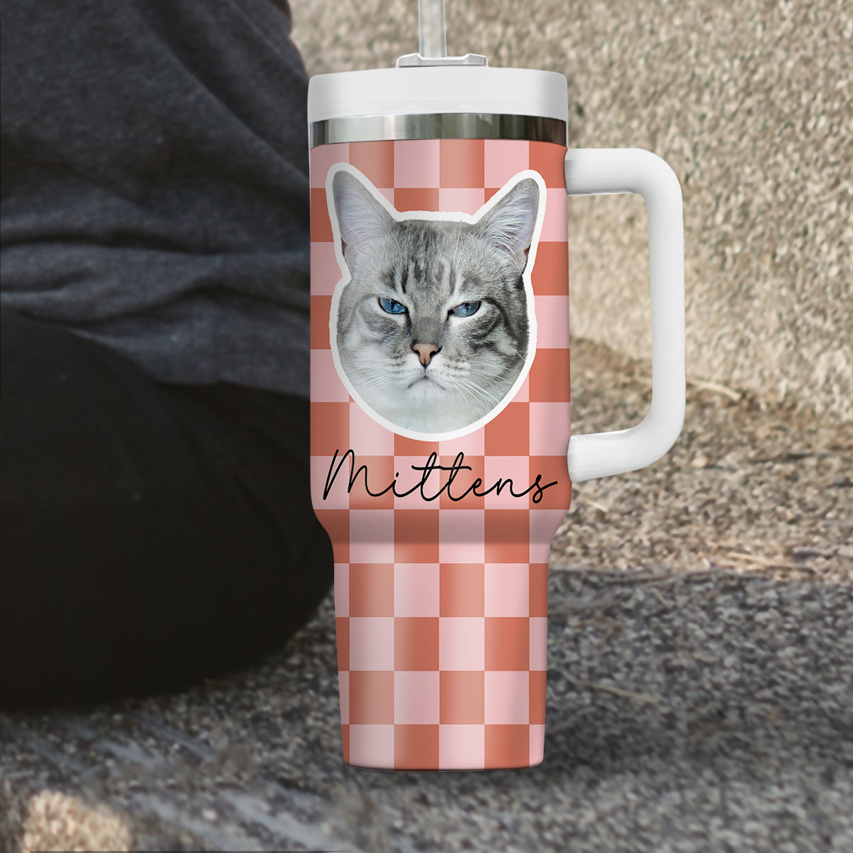 Custom Pet Portrait Tumbler With Pet Name Photo, Custom Dog Tumbler Personalized Cat Tumbler 40oz With Handle, Custom Checkered Tumbler Puppy Gift Pet Travel Mug, Stainless Steel Tumbler, Insulated Tumbler 17