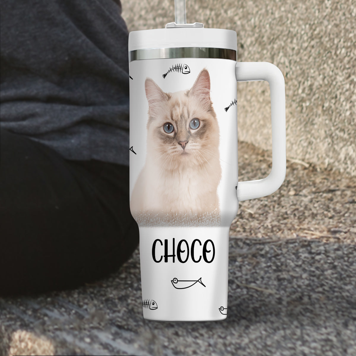 Custom Pet Photo Tumbler 40oz With Handle, Watercolor Pet Portrait From Photo Tumbler,  Personalized Cat Face Photo Tumbler with Straw, Cat Lover Tumbler, Stainless Steel Tumbler, Insulated Tumbler 16