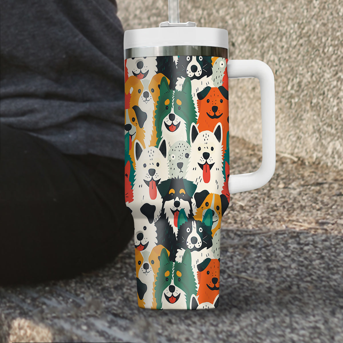 Cute Dog Tumbler 40oz With Handle, Dog Face Pattern 40oz Tumbler, Puppies Tumbler with Straw, Dog Lover Tumbler, Stainless Steel Tumbler, Insulated Tumbler 01