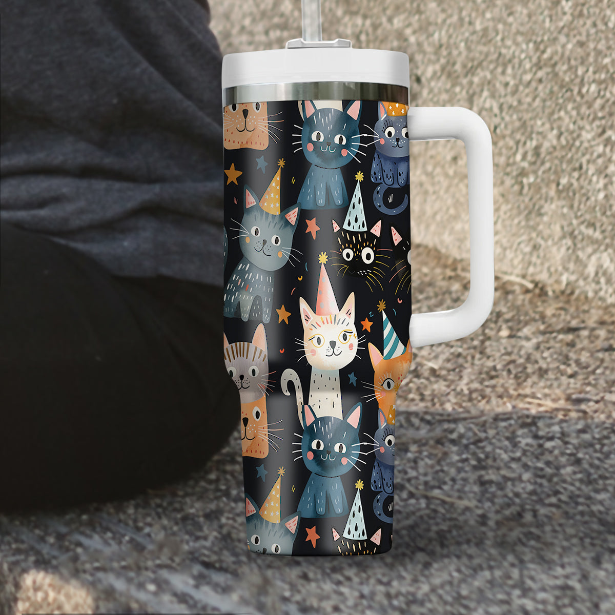 Cute Cat Tumbler 40oz With Handle, Cat Pattern 40oz Tumbler, Cat Lover Tumbler 40oz, Stainless Steel Tumbler, Insulated Tumbler 14