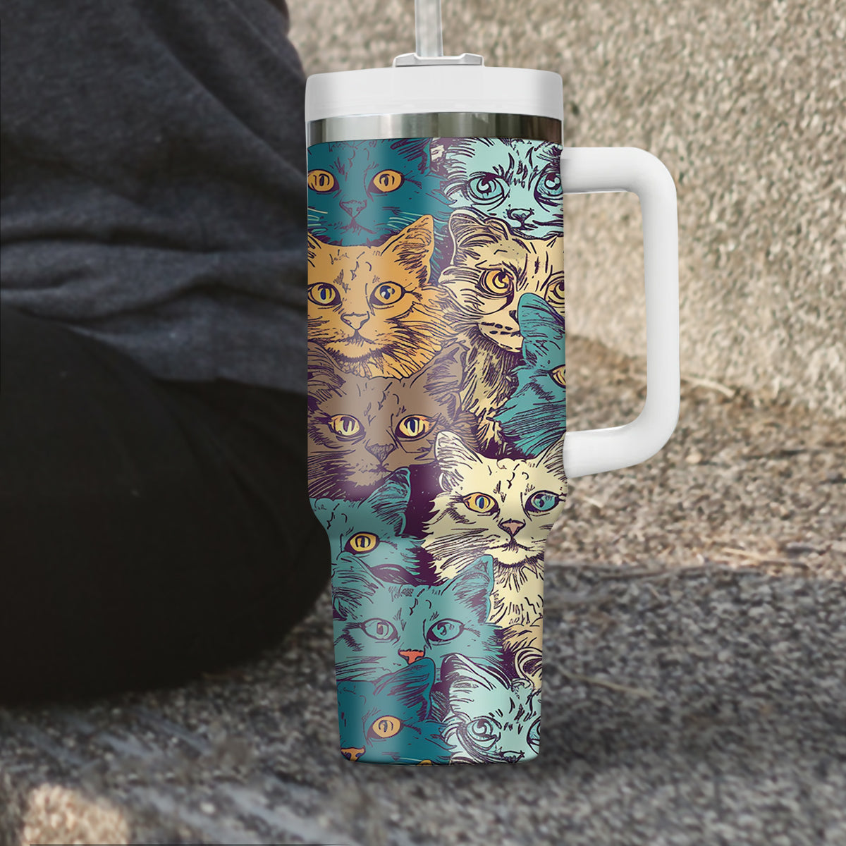 Cute Cat Tumbler 40oz With Handle, Cat Pattern 40oz Tumbler, Cat Lover Tumbler 40oz, Stainless Steel Tumbler, Insulated Tumbler 24