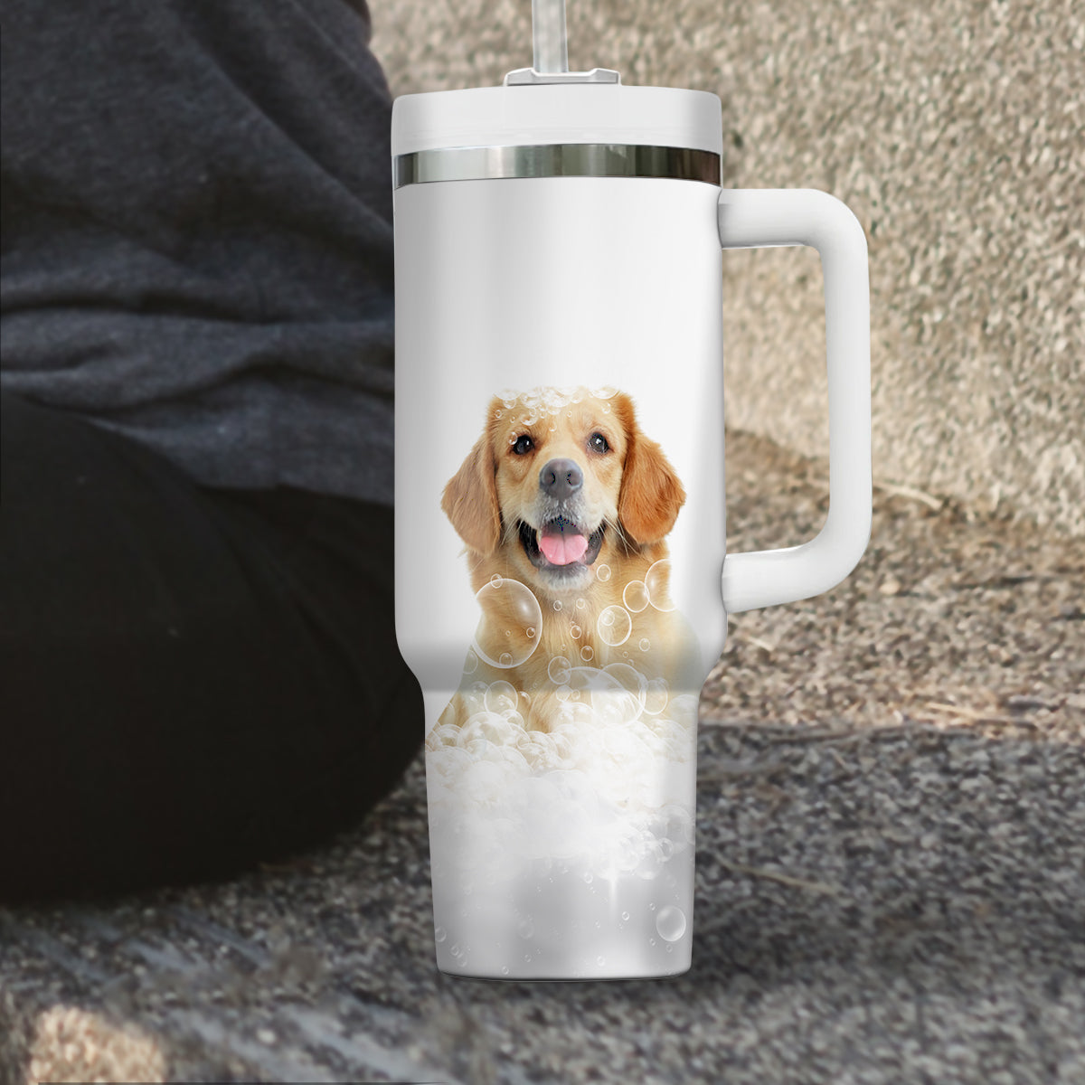 Custom Pet Portrait Photo Tumbler 40oz With Handle, Animal in Tub, Funny Bathroom Art, Dog In Bathtub Print, Puppies Tumbler with Straw, Dog Lover Tumbler, Stainless Steel Tumbler, Insulated Tumbler 19