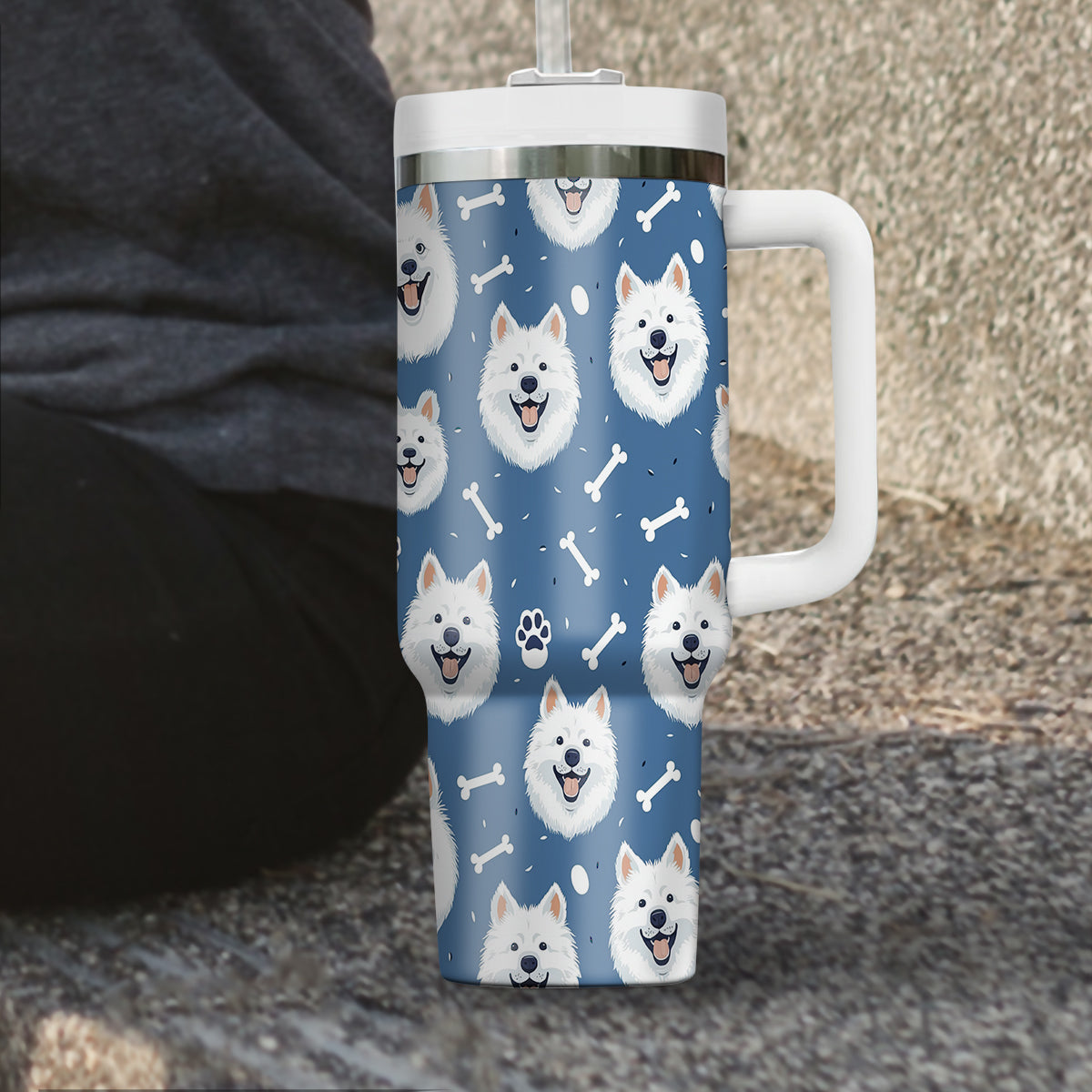 Cute Samoyed Tumbler 40oz With Handle, Samoyed Pattern 40oz Tumbler, Dog Paw Photo Tumbler with Straw, Dog Lover Tumbler, Stainless Steel Tumbler, Insulated Tumbler 01