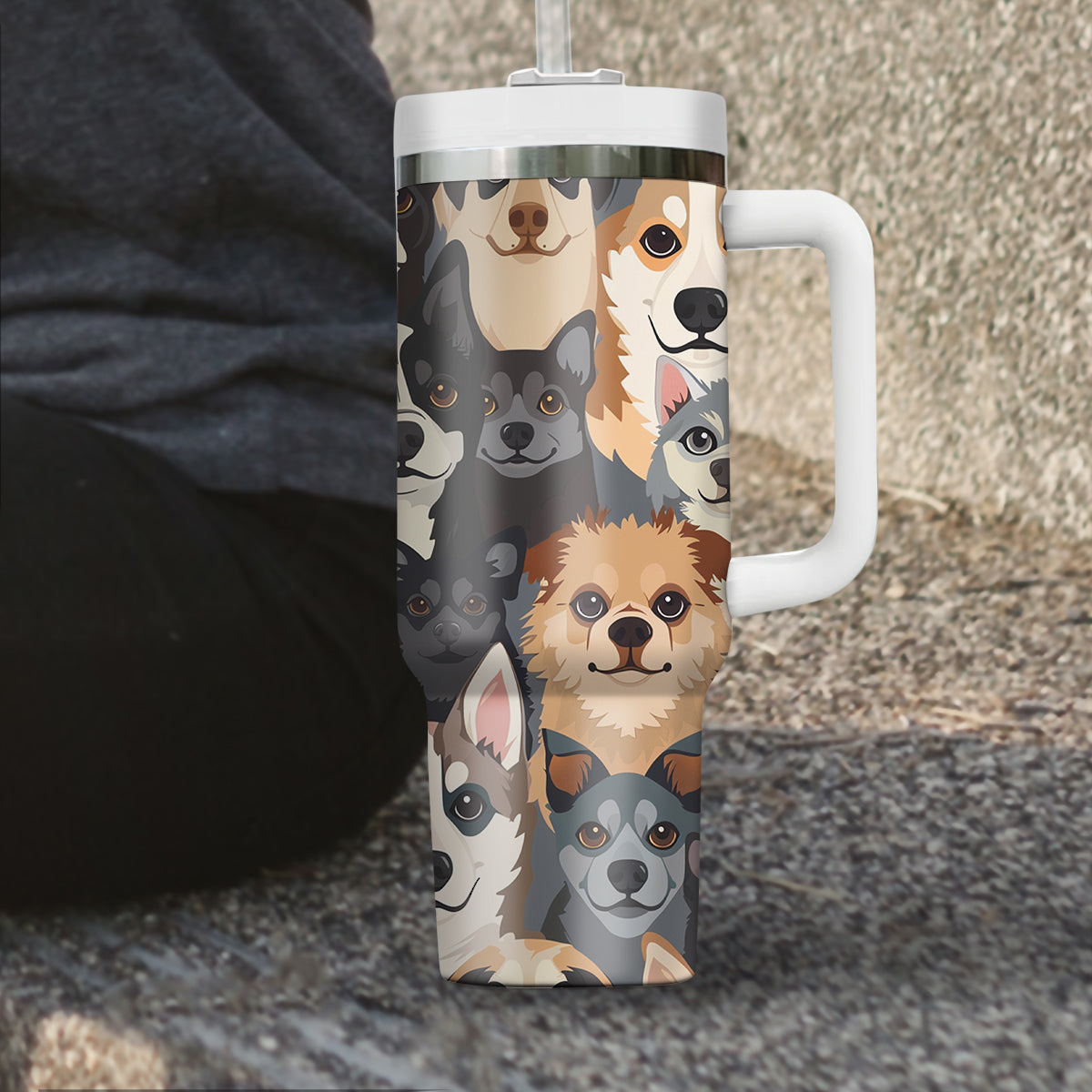 Cute Dog Tumbler 40oz With Handle, Dog Face Pattern 40oz Tumbler, Puppies Tumbler with Straw, Dog Lover Tumbler, Stainless Steel Tumbler, Insulated Tumbler 05