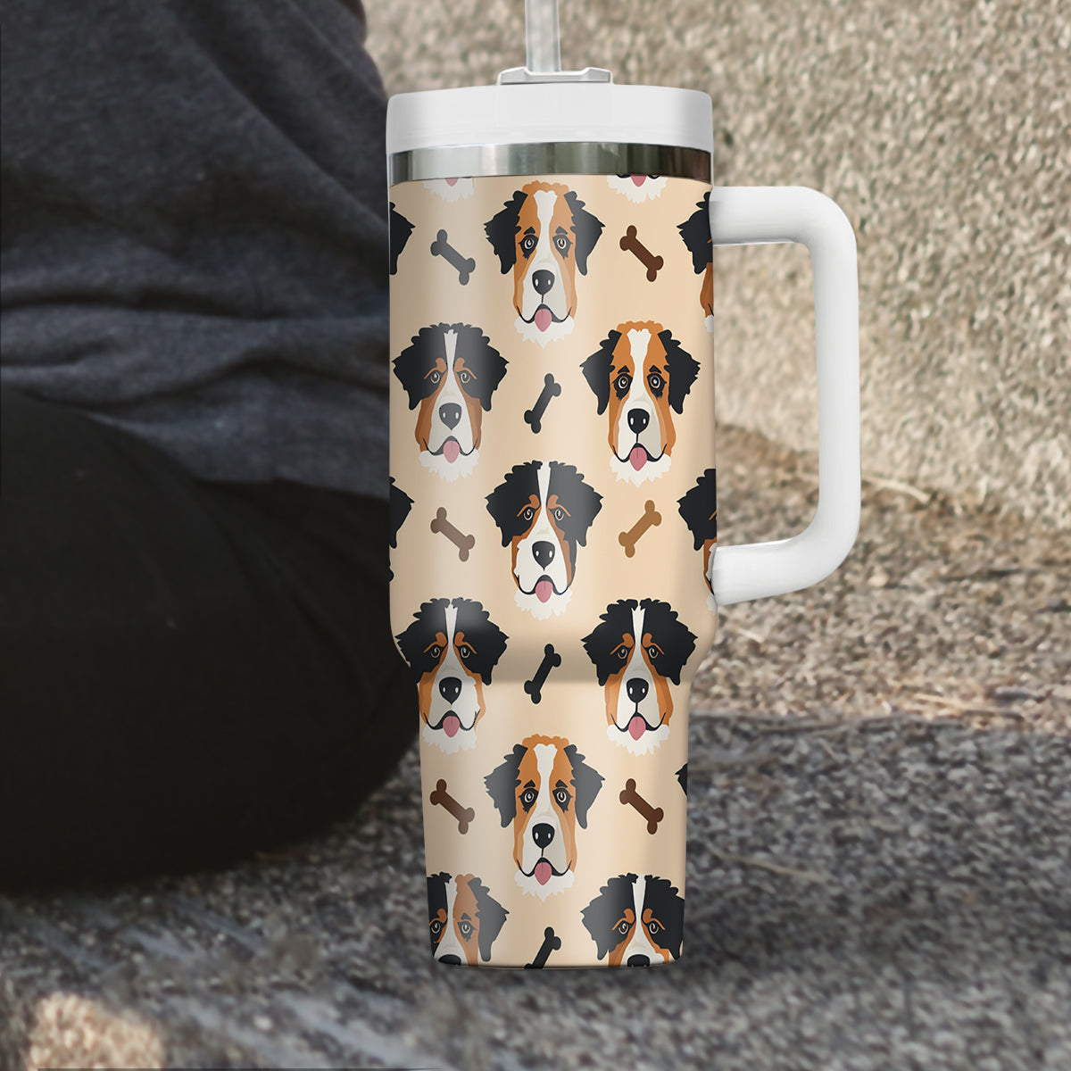 Cute St. Bernard Tumbler 40oz With Handle, St. Bernard Pattern 40oz Tumbler, Dog Paw Photo Tumbler with Straw, Dog Lover Tumbler, Stainless Steel Tumbler, Insulated Tumbler