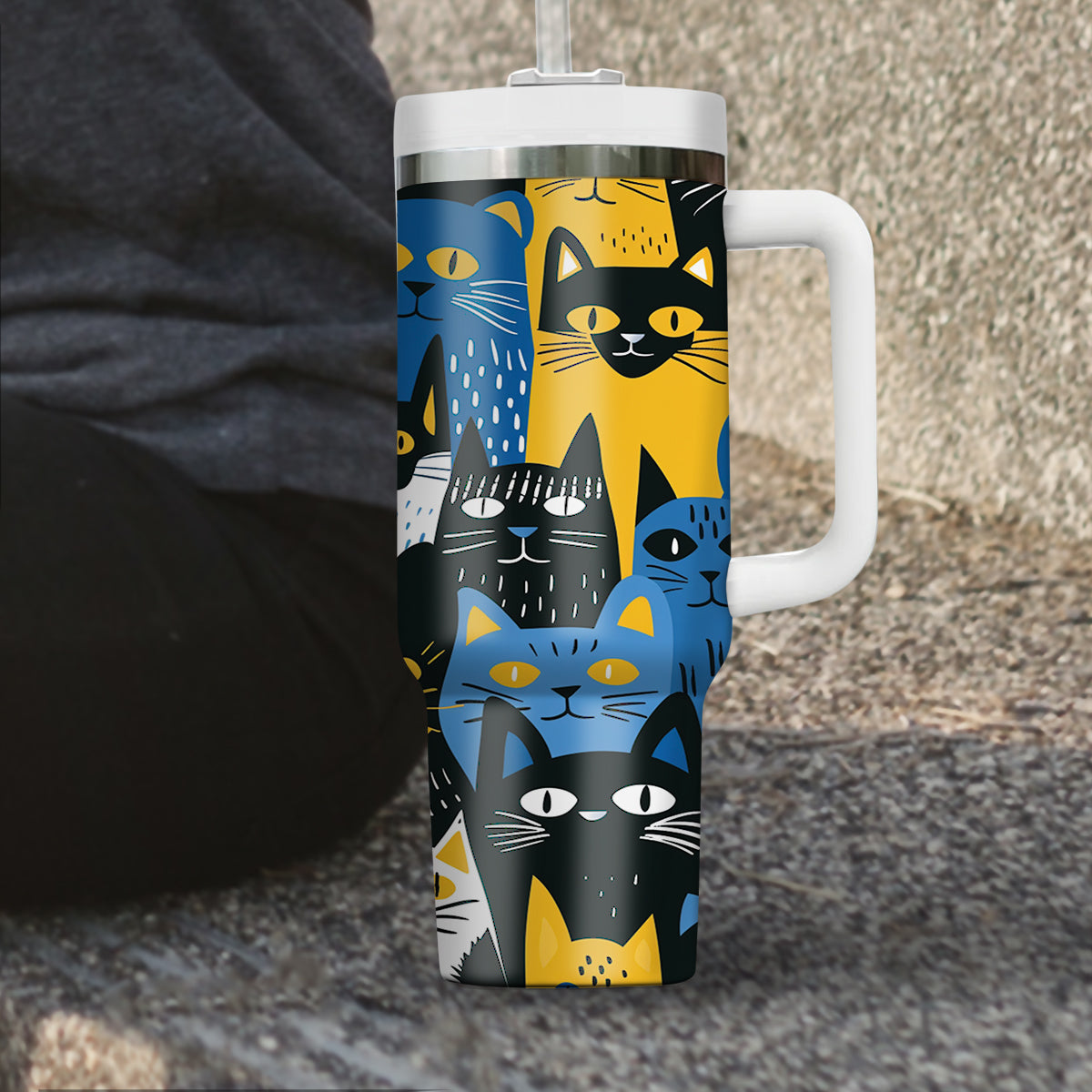 Cute Cat Tumbler 40oz With Handle, Cat Pattern 40oz Tumbler, Cat Lover Tumbler 40oz, Stainless Steel Tumbler, Insulated Tumbler 29