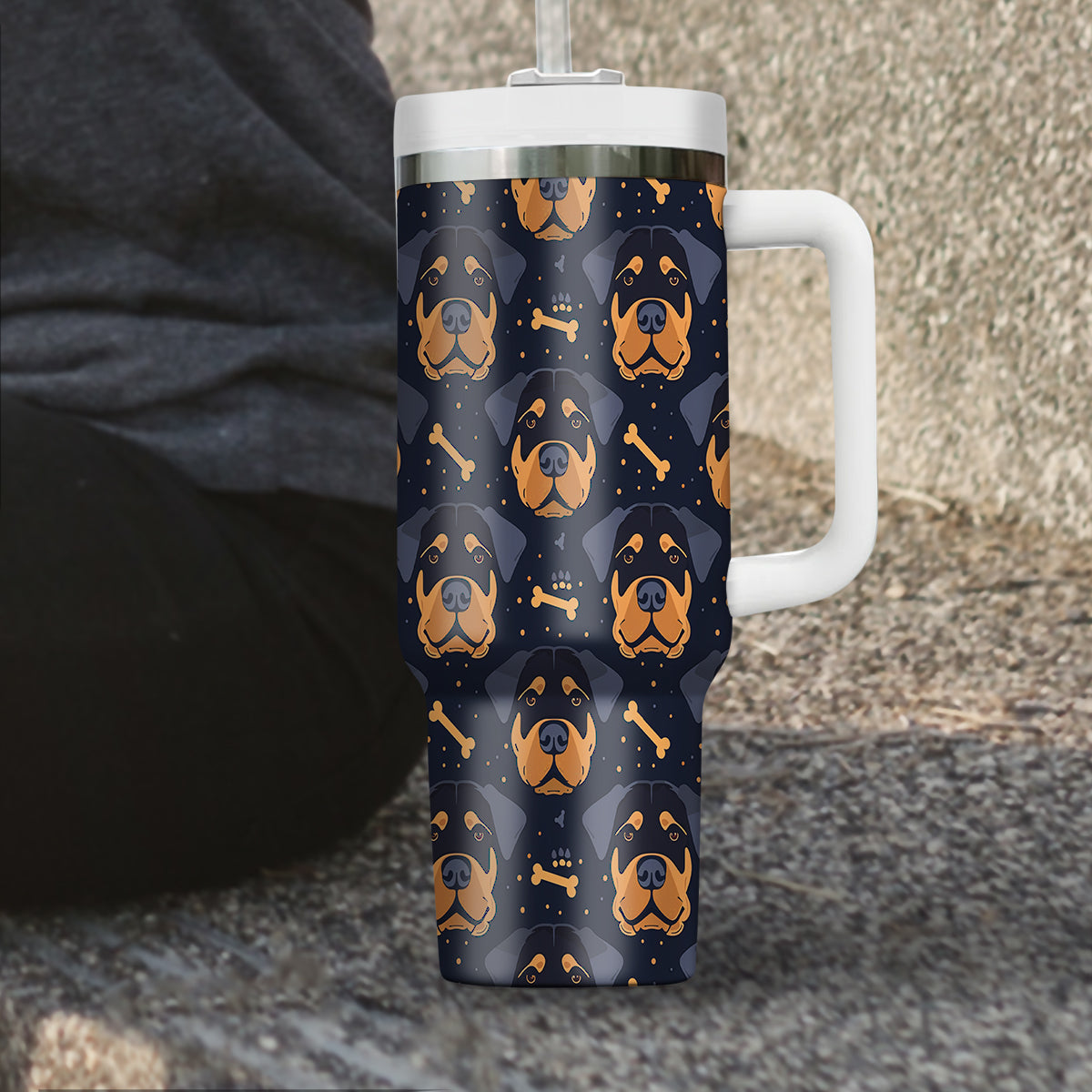 Cute Rottweiler Tumbler 40oz With Handle, Rottweiler Pattern 40oz Tumbler, Dog Paw Photo Tumbler with Straw, Dog Lover Tumbler, Stainless Steel Tumbler, Insulated Tumbler