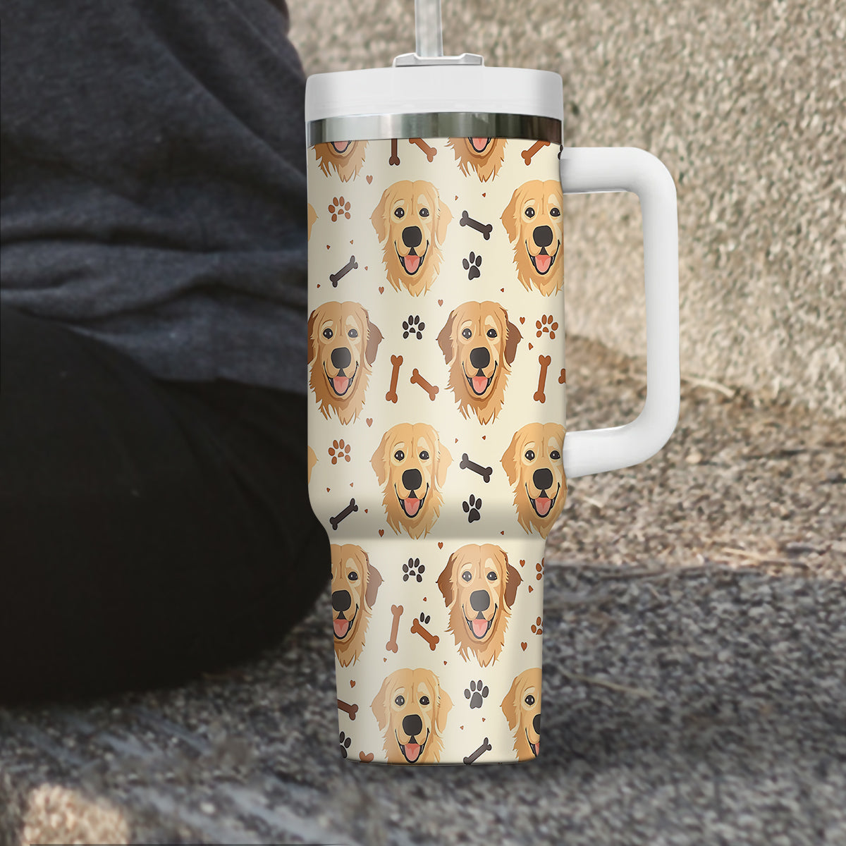 Cute Golden Retriever Tumbler 40oz With Handle, Golden Retriever Pattern 40oz Tumbler, Dog Paw Photo Tumbler with Straw, Dog Lover Tumbler, Stainless Steel Tumbler, Insulated Tumbler