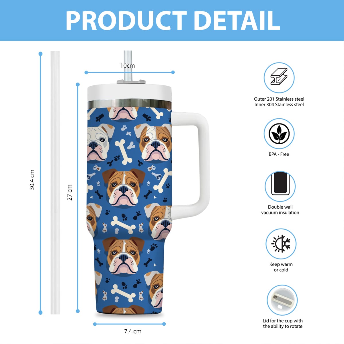 Cute Bulldog Tumbler 40oz With Handle, Bulldog Pattern 40oz Tumbler, Dog Paw Photo Tumbler with Straw, Dog Lover Tumbler, Stainless Steel Tumbler, Insulated Tumbler