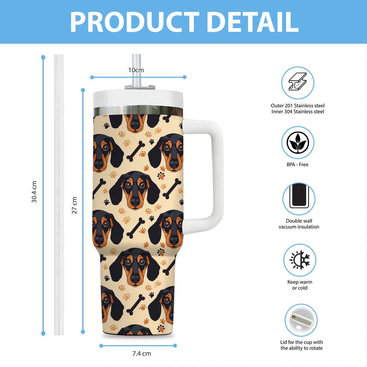 Cute Dachshund Tumbler 40oz With Handle, Dachshund Pattern 40oz Tumbler, Dog Paw Photo Tumbler with Straw, Dog Lover Tumbler, Stainless Steel Tumbler, Insulated Tumbler