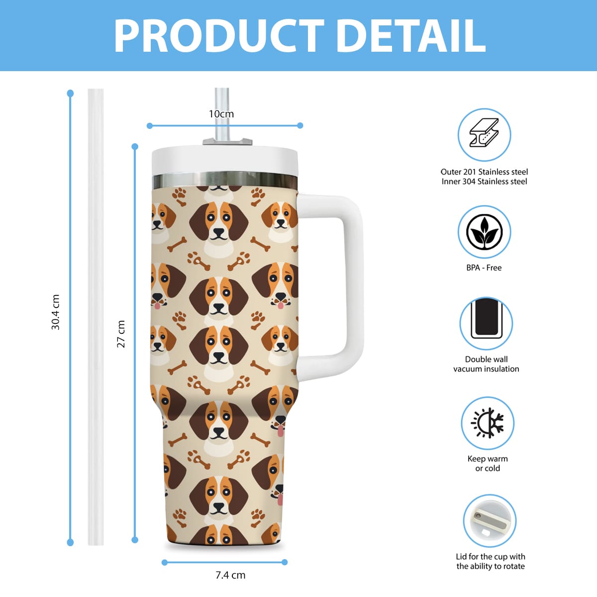 Cute Beagle Tumbler 40oz With Handle, Beagle Pattern 40oz Tumbler, Dog Paw Photo Tumbler with Straw, Dog Lover Tumbler, Stainless Steel Tumbler, Insulated Tumbler