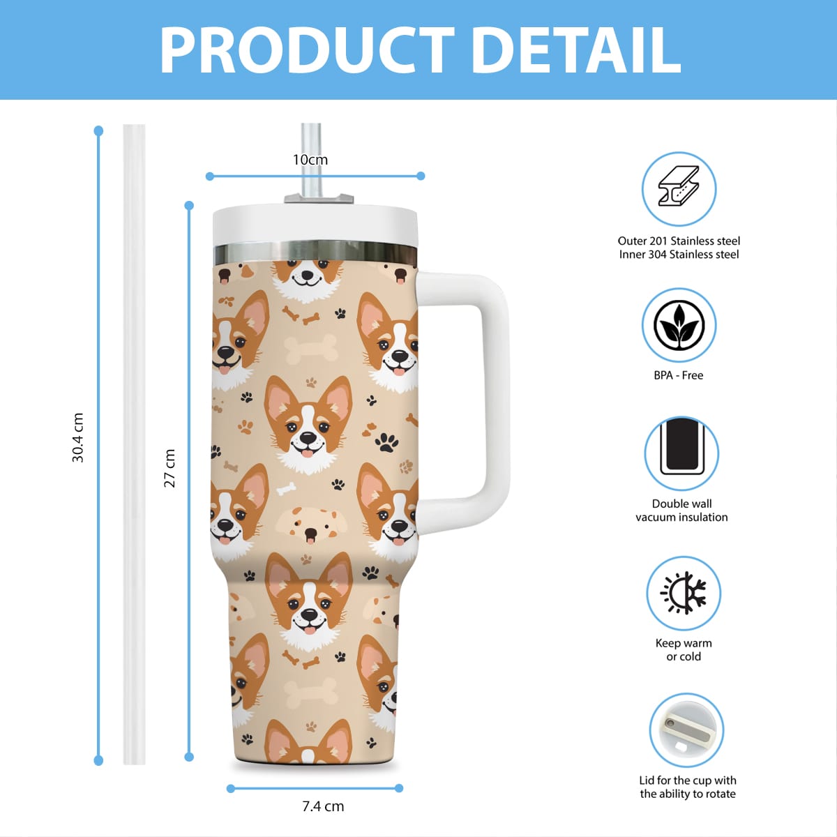 Cute Corgi Tumbler 40oz With Handle, Corgi Pattern 40oz Tumbler, Dog Paw Photo Tumbler with Straw, Dog Lover Tumbler, Stainless Steel Tumbler, Insulated Tumbler