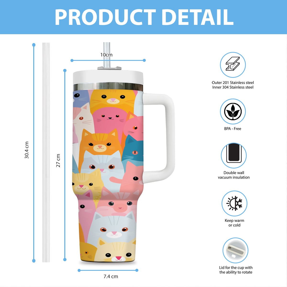 Cute Cat Tumbler 40oz With Handle, Cat Pattern 40oz Tumbler, Cat Lover Tumbler 40oz, Stainless Steel Tumbler, Insulated Tumbler 09