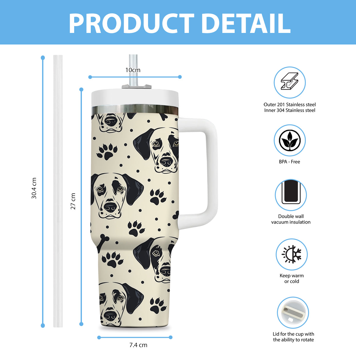 Cute Dalmatian Tumbler 40oz With Handle, Dalmatian Pattern 40oz Tumbler, Dog Paw Photo Tumbler with Straw, Dog Lover Tumbler, Stainless Steel Tumbler, Insulated Tumbler