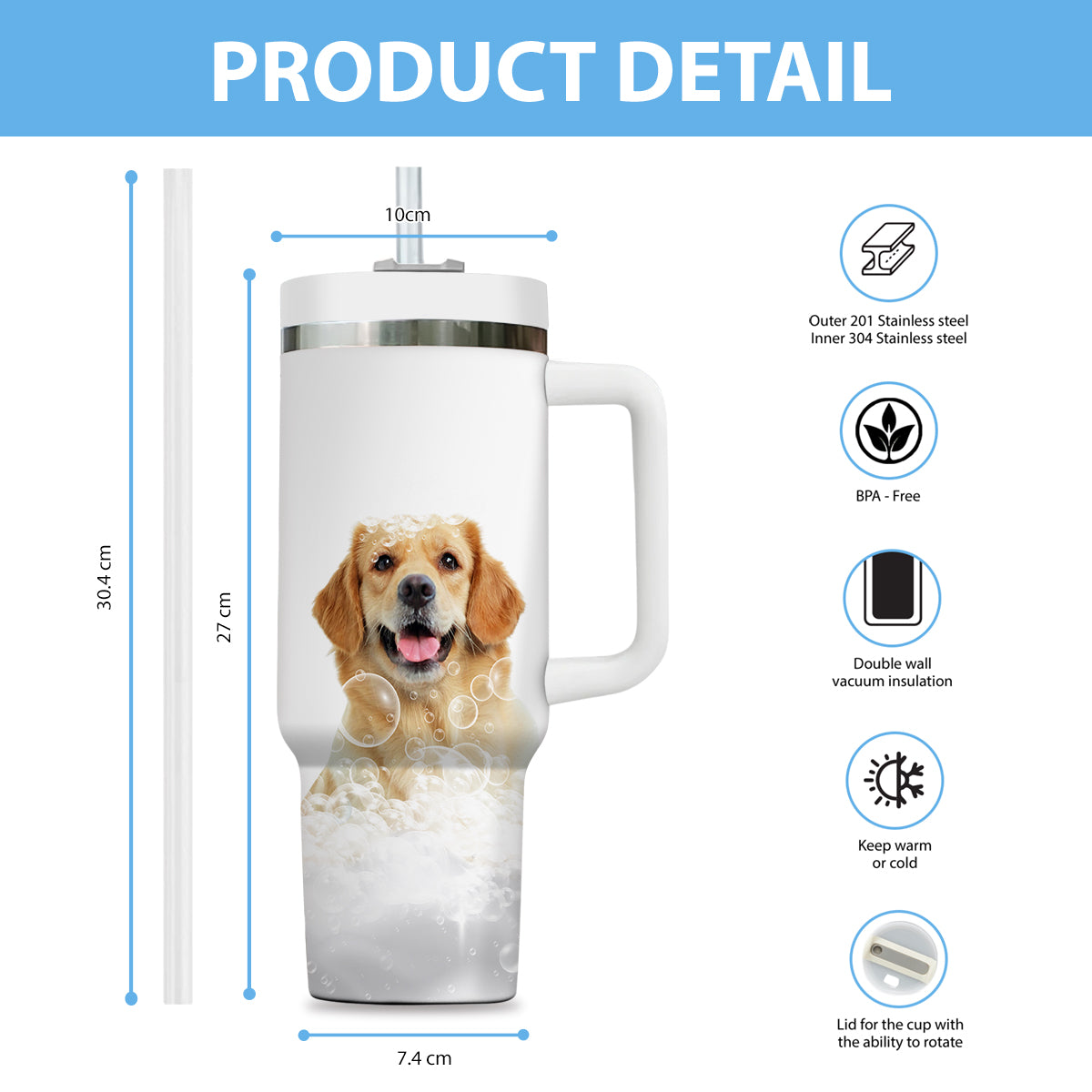 Custom Pet Portrait Photo Tumbler 40oz With Handle, Animal in Tub, Funny Bathroom Art, Dog In Bathtub Print, Puppies Tumbler with Straw, Dog Lover Tumbler, Stainless Steel Tumbler, Insulated Tumbler 19