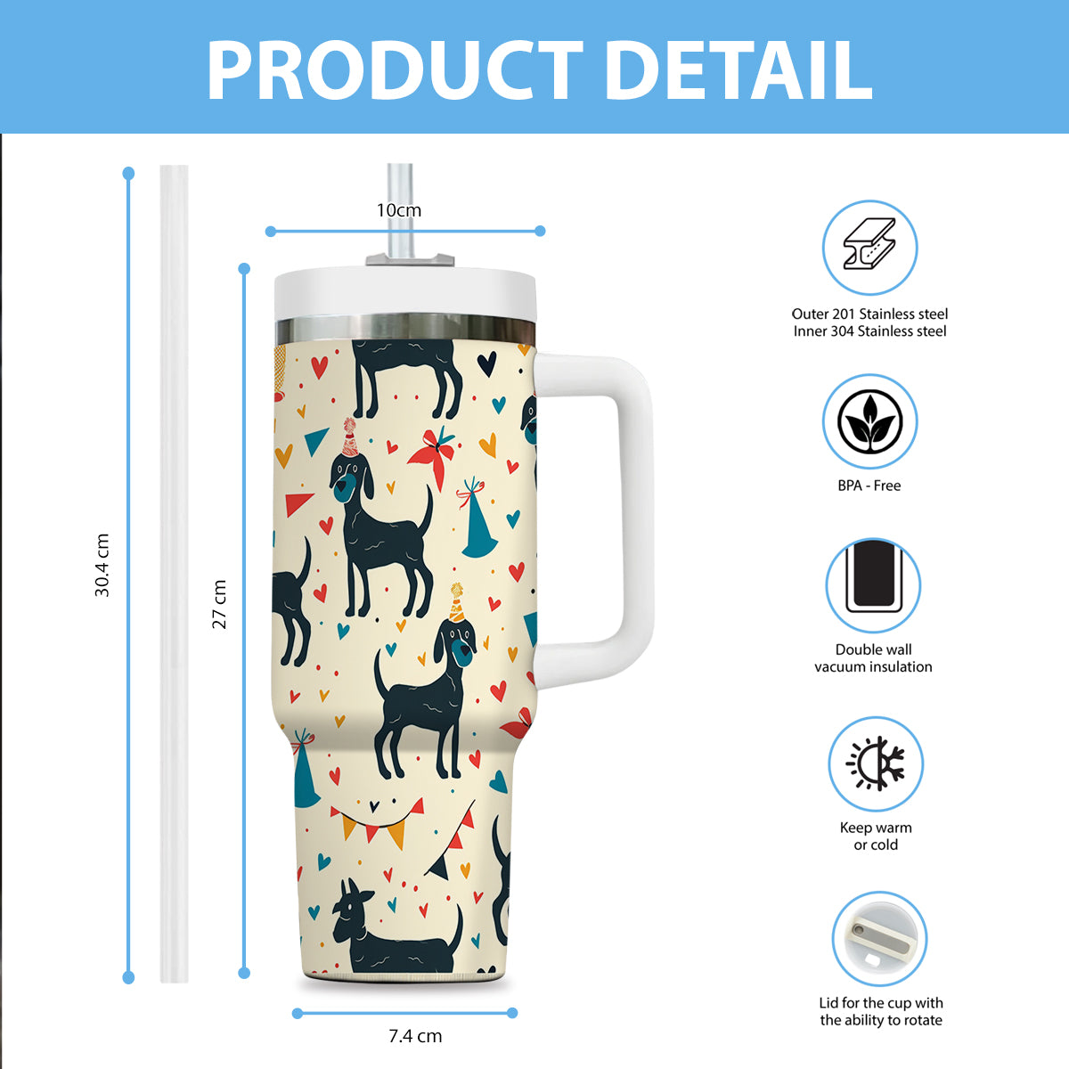 Cute Dog Tumbler 40oz With Handle, Dog Face Pattern 40oz Tumbler, Puppies Tumbler with Straw, Dog Lover Tumbler, Stainless Steel Tumbler, Insulated Tumbler 03