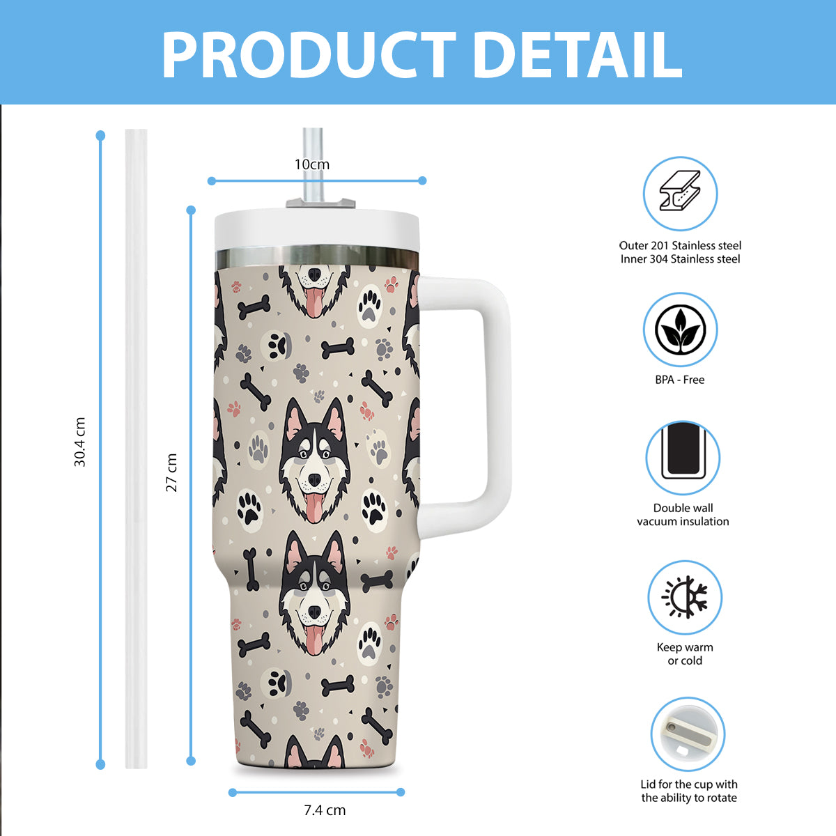 Cute Siberian Husky Tumbler 40oz With Handle, Siberian Husky Pattern 40oz Tumbler, Dog Paw Photo Tumbler with Straw, Dog Lover Tumbler, Stainless Steel Tumbler, Insulated Tumbler 02