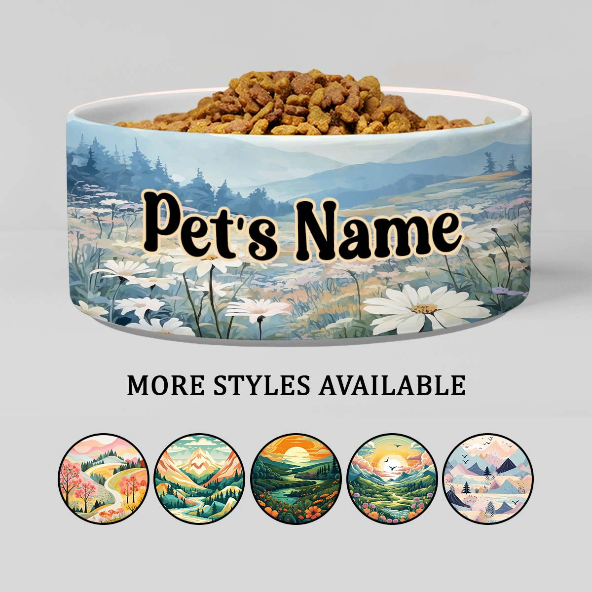 Personalized Dog Pet Cat Bowls, Boho Mountains & Wildflowers Custom Pet Bowls for Dogs and Cats, Eclectic Modern Spotted Dishes With Name, Ceramic Custom Cute Dog Bowls, Designer Large and Small Dog Cat Pet Bowls Dish, Gift for Pet