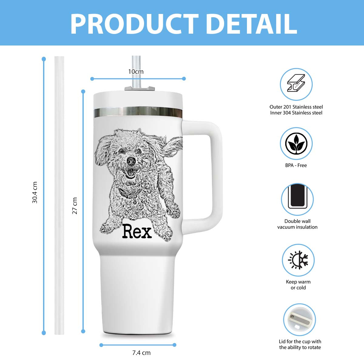 Custom Pet Photo Tumbler 40oz With Handle, Dog Photo Tumbler, Puppies Tumbler with Straw, Dog Lover Tumbler, Favorite Pet Tumbler, Stainless Steel Tumbler, Insulated Tumbler, Pet Photo Gift with Custom Pet Image 07