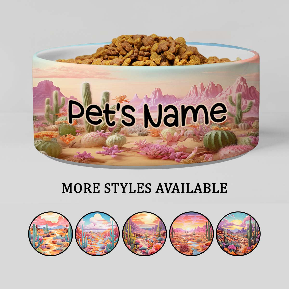 Personalized Dog Pet Cat Bowls, Pink Western Desert Mountains Custom Pet Bowls for Dogs and Cats, Eclectic Modern Spotted Dishes With Name, Ceramic Custom Cute Dog Bowls, Designer Large and Small Dog Cat Pet Bowls Dish, Gift for Pet