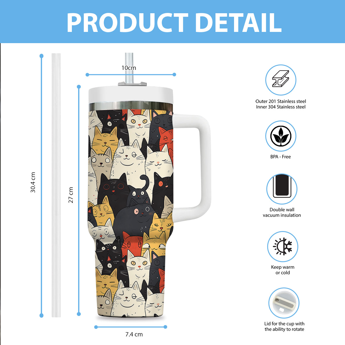 Cute Cat Tumbler 40oz With Handle, Cat Pattern 40oz Tumbler, Cat Lover Tumbler 40oz, Stainless Steel Tumbler, Insulated Tumbler 21