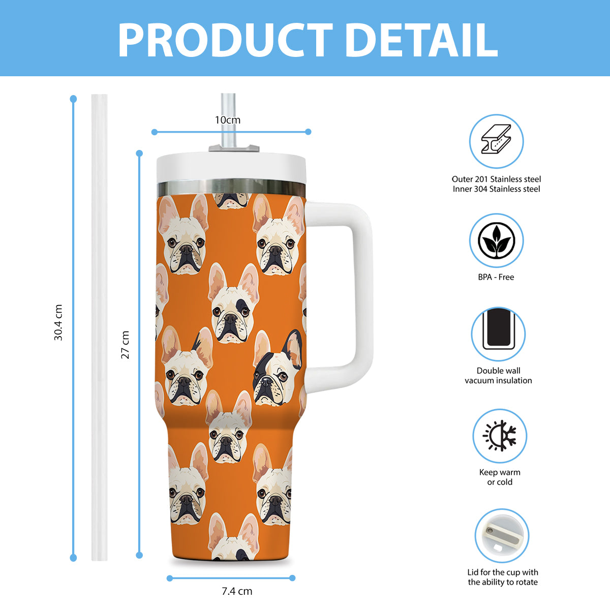 Cute French Bulldog Tumbler 40oz With Handle, French Bulldog Pattern 40oz Tumbler, Dog Paw Photo Tumbler with Straw, Dog Lover Tumbler, Stainless Steel Tumbler, Insulated Tumbler 03