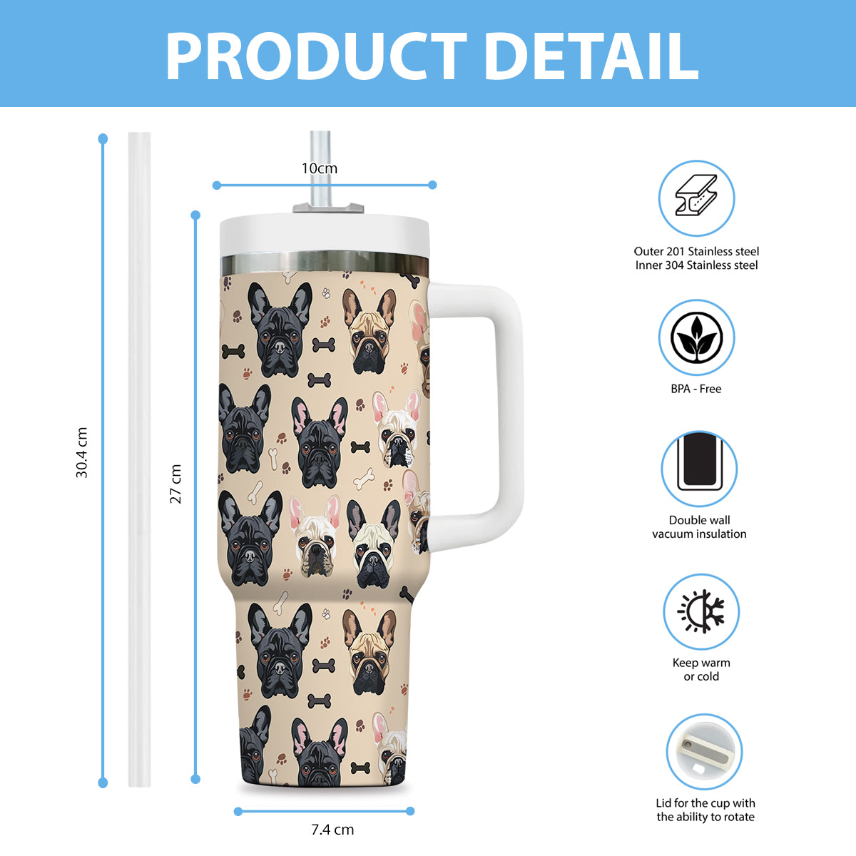 Cute French Bulldog Tumbler 40oz With Handle, French Bulldog Pattern 40oz Tumbler, Dog Paw Photo Tumbler with Straw, Dog Lover Tumbler, Stainless Steel Tumbler, Insulated Tumbler 01